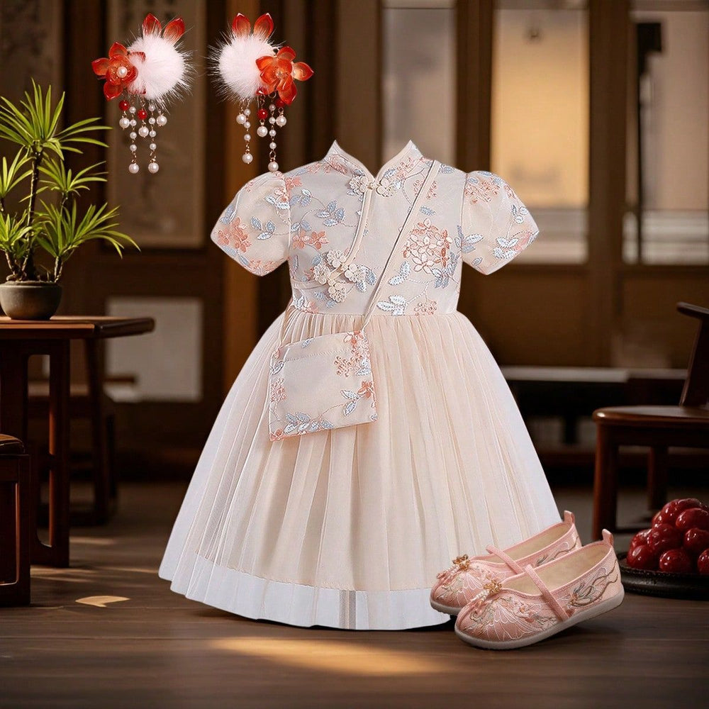 cross-border exclusive: girls' summer dress - chinese style embroidered mesh princess dress + bag two-piece set