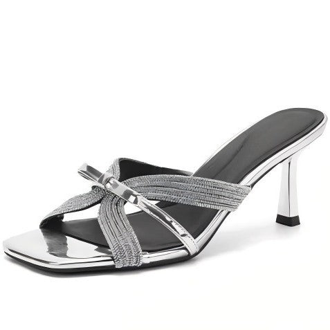 2026 stiletto heel square toe mules - rhinestone high heel sandals for women - silver summer outdoor wear - trendy bow design