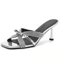 2026 stiletto heel square toe mules - rhinestone high heel sandals for women - silver summer outdoor wear - trendy bow design