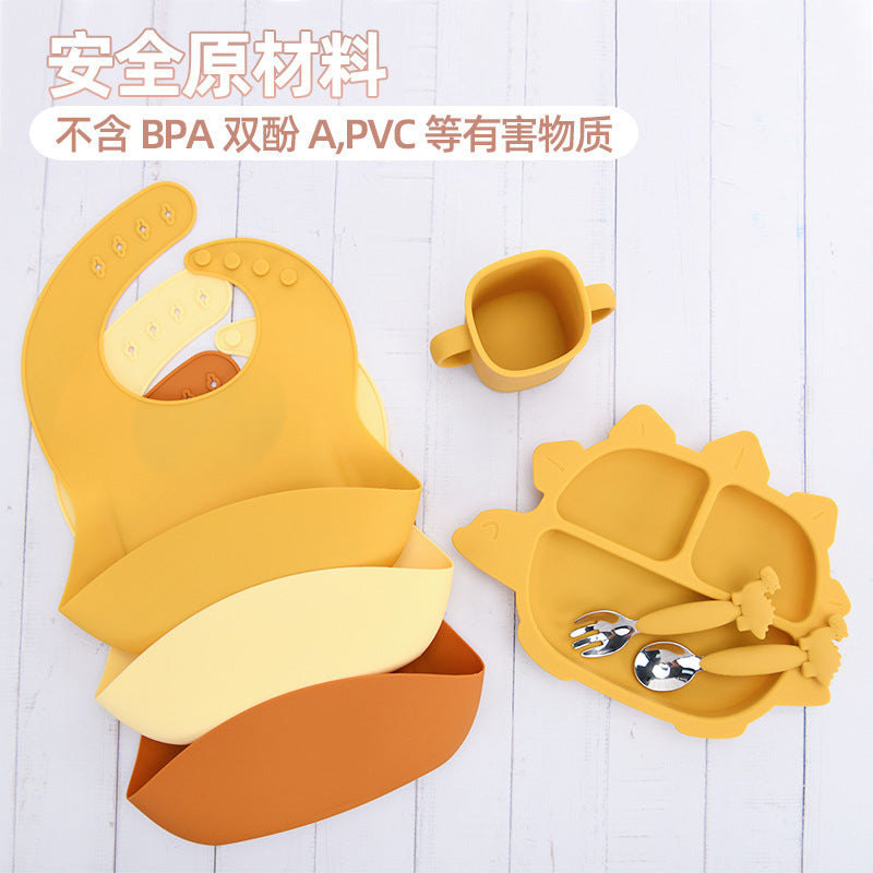 Customized silicone children's tableware set, logo food-grade saliva pocket, simple cartoon dinosaur silicone bowl
