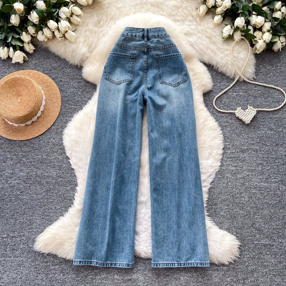 American cartoon little spike embroiderhigh waistloose pantsjeans women's summerloosestraight-legpetites blue pants