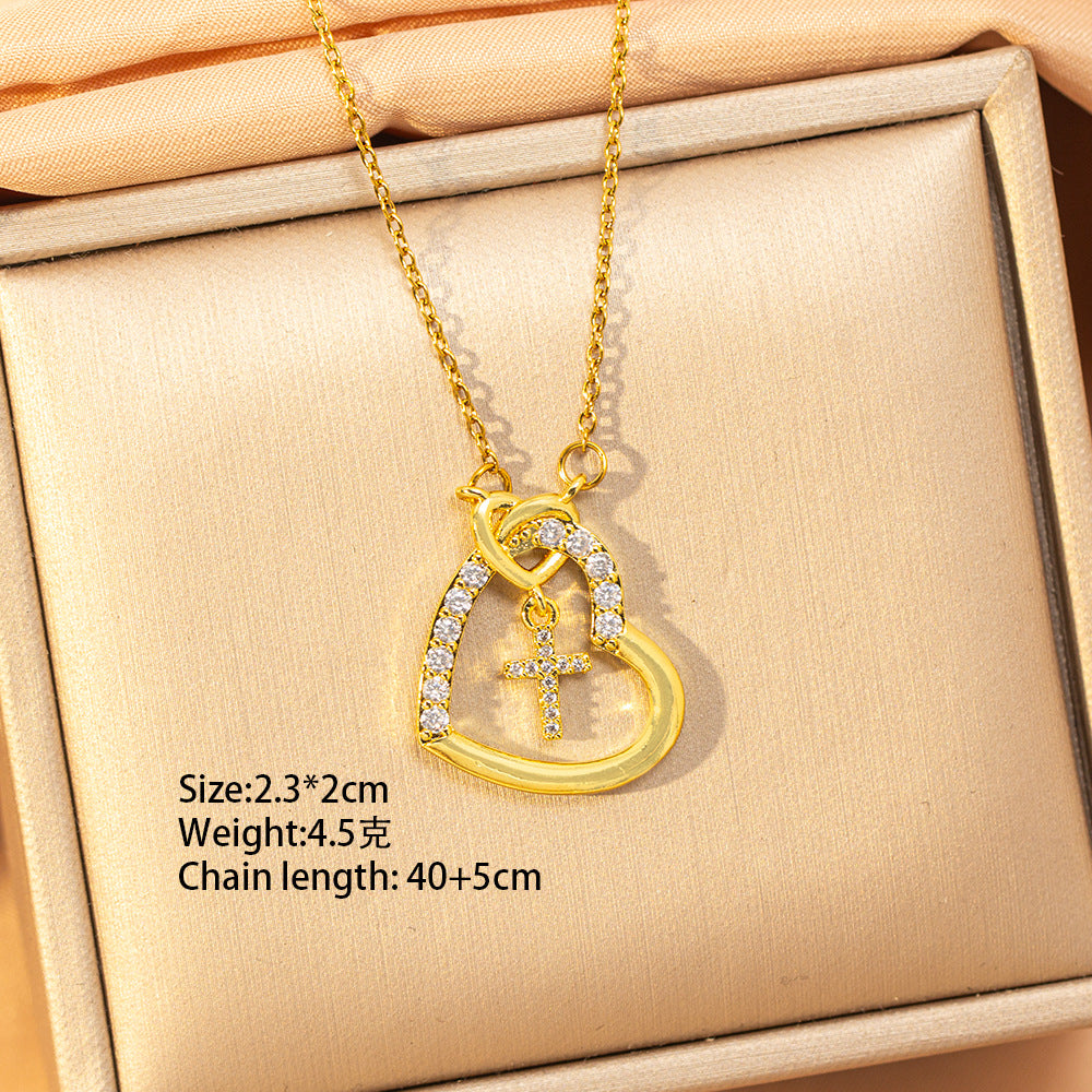 【titanium steel】trendy european and american bestseller: heart & cross necklace - women's fashionable, unique, high-end inlaid clavicle chain jewelry