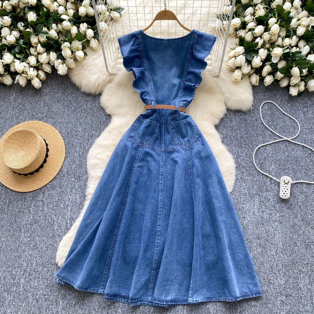 Frenchretrosense of designv neck fungus edge patchwork single breasted waist slimming lookelegant over-the-knee denim dress