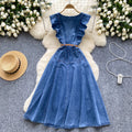 Frenchretrosense of designv neck fungus edge patchwork single breasted waist slimming lookelegant over-the-knee denim dress
