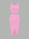 Amazon fashion cross-border women's sleeveless short tops + slit skirt two-piece suit
