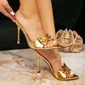 Women's gold fashion high heel sandals - slip-on pointed toe decorated with bow - minimalist high heel sandals