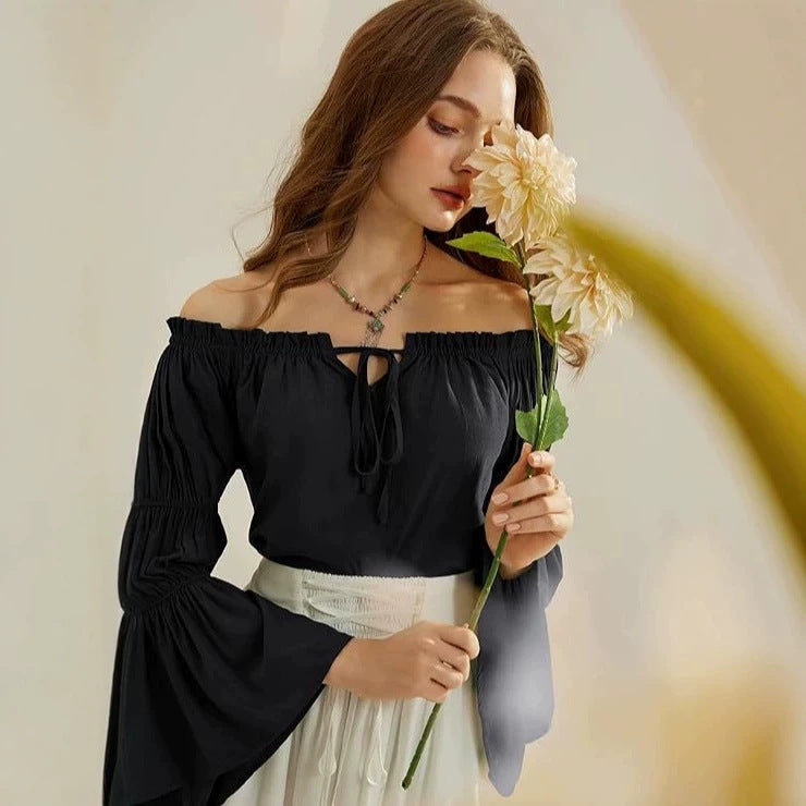 fashion renaissance shirt off-shoulder bell sleeves rufflescasualloose one-shoulder tops