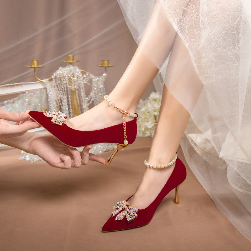 Wedding shoes for women with thick heels 2023fall and winternew arrival bride red non-tiring feet wedding dress xiuhe two-piece suit