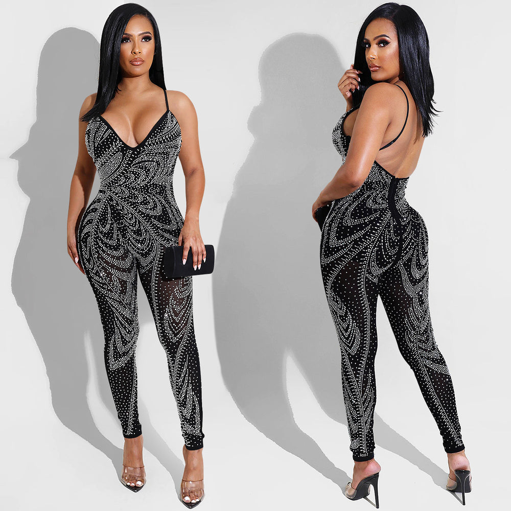 X5280 cross-border summer new arrivals: european and american style sexy nightclub mesh see-through milk silk camisole jumpsuit