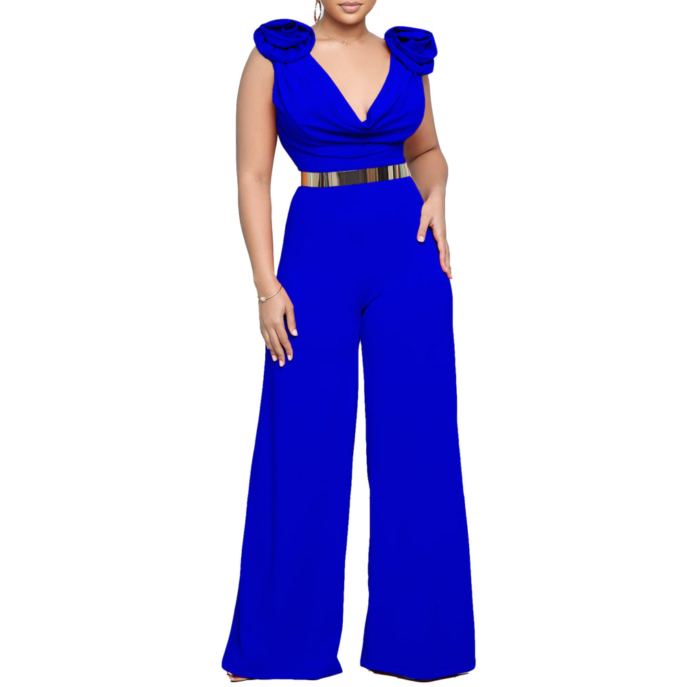 C8580 european and american women's clothing  new fashion v-neck sexy wide-leg pants solid color high-neck sleeveless cinched waist jumpsuit