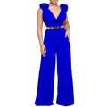 C8580 european and american women's clothing  new fashion v-neck sexy wide-leg pants solid color high-neck sleeveless cinched waist jumpsuit