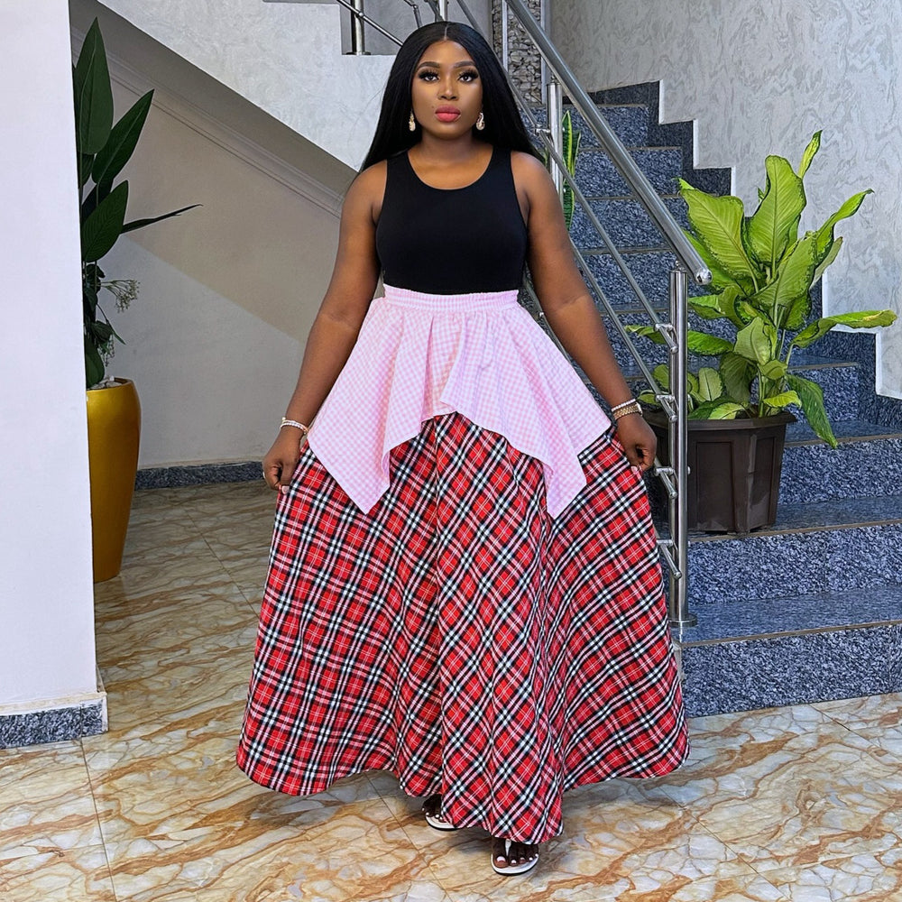 European and american cross-border african women's clothing  summer new fashion casual high-waisted slimming plaid long midi skirt