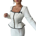 european and american new arrival: white and black color block chanel-inspired two-piece set - square neck cropped jacket with high-waisted bodycon fishtail skirt