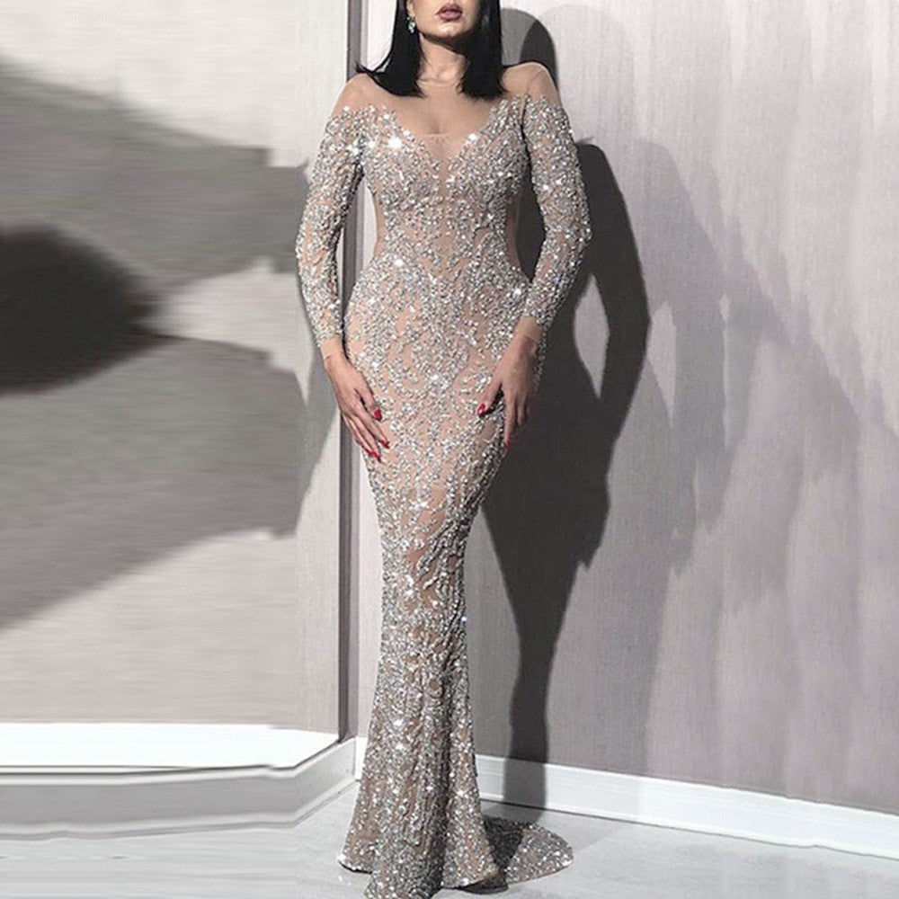2025 spring new arrivals: european and american style women's hot stamping long sleeve slim-fit sexy maxi dress for banquets and evening events