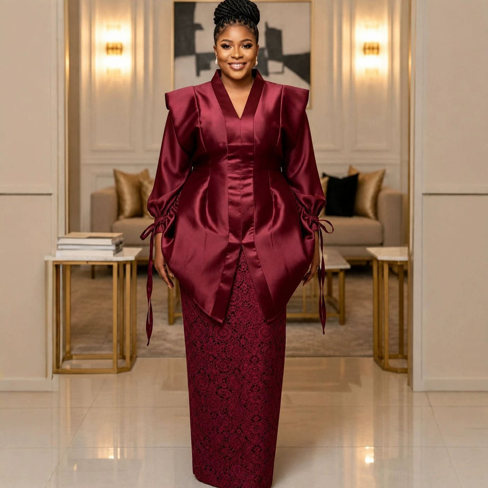 African loose satin pleated fashion outerwear drawstring design set party wedding lace robe two-piece outfit