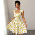 european and american cross-border new arrival: square neck, cinched waist, printed bubble sleeve dress