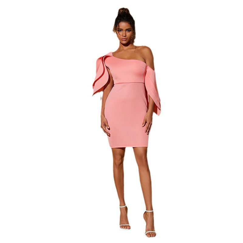 Special offer african space layer oblique shoulder skirt lotus leaf small dress waist bag hip short skirt elegantpure color off-shoulder sexy women