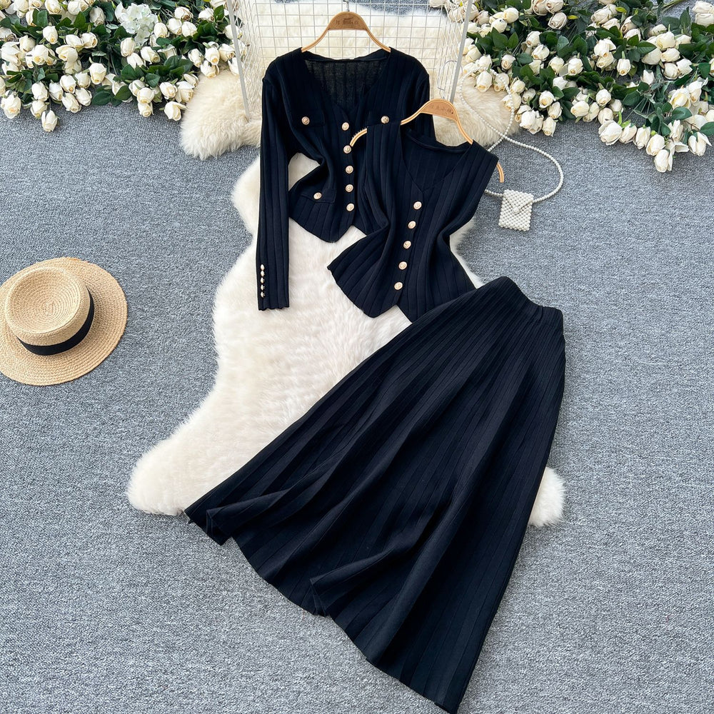 Xiaoxiangfeng wear women's three-piece set easiest for match sleeveless vest metal buckle silmlong sleevesknittingcardigan skirt