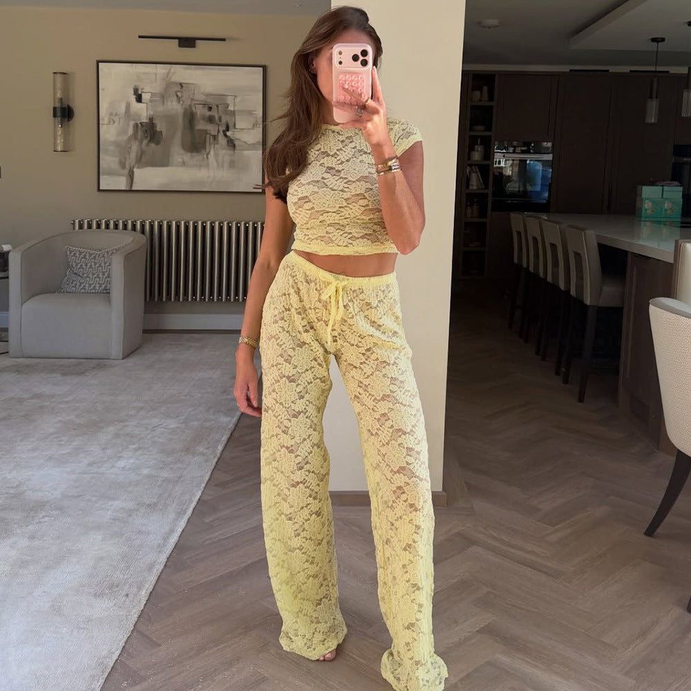european and american women's clothing  summer new hot girl lace two-piece set fashion casual see-through t-shirt outfit for women