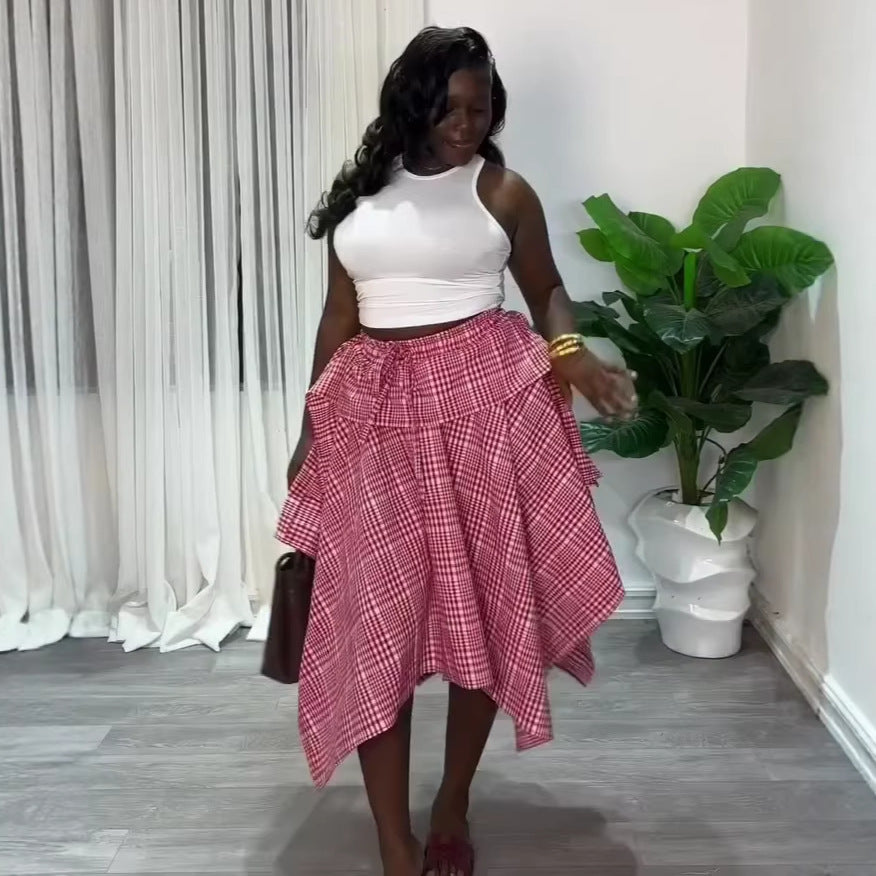 European and american cross-border women's fashion:  summer new arrival - high-waisted, slimming, elastic waist, tie-waist, asymmetrical plaid midi skirt