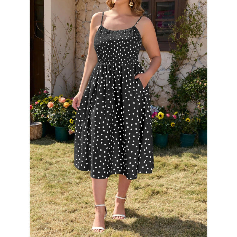 Amazon plus size midi dress women's  summer new polka dot square neck beach sundress