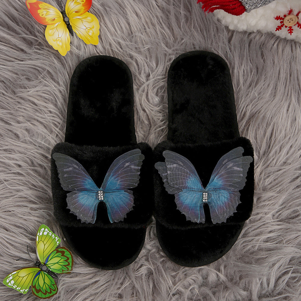women's cotton slippers - new autumn/winter collection: rhinestone butterfly design, girly style, indoor/outdoor home wear, warm flat cotton slippers
