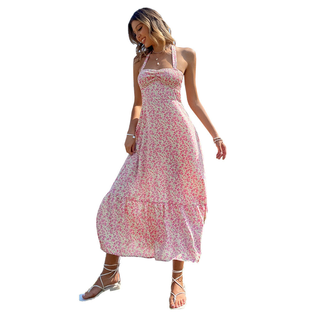 European and American   sexy wind neck sleeveless dress high waist backless pullover A word floral long dress women