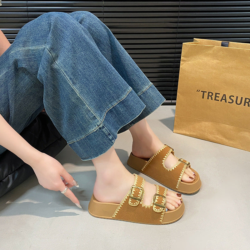 Thick sole heightened slippers women's slippers summer new arrival one-leg retro buckle embroideroutwearfashion birkenstock shoes
