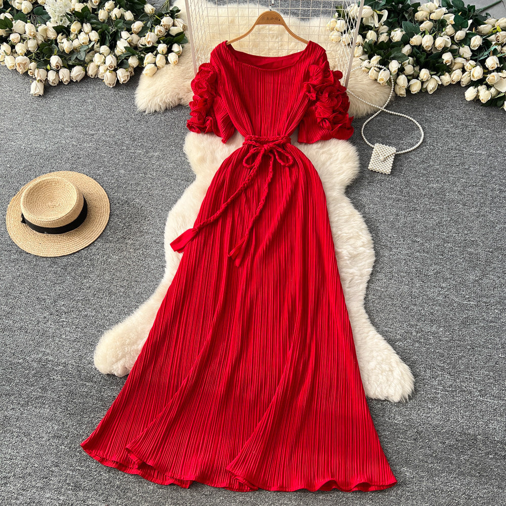 French-inspired pleated, waist-cinching, slimming dress for women. red, tie-waist, elegant, and flowy maxi dress, perfect for the office