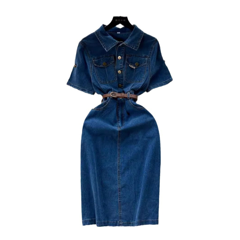 Sense of designniche style denim dress female k-stylesummercasualelegant medium longslimming look short-sleeved shirt long skirt