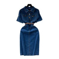 Sense of designniche style denim dress female k-stylesummercasualelegant medium longslimming look short-sleeved shirt long skirt