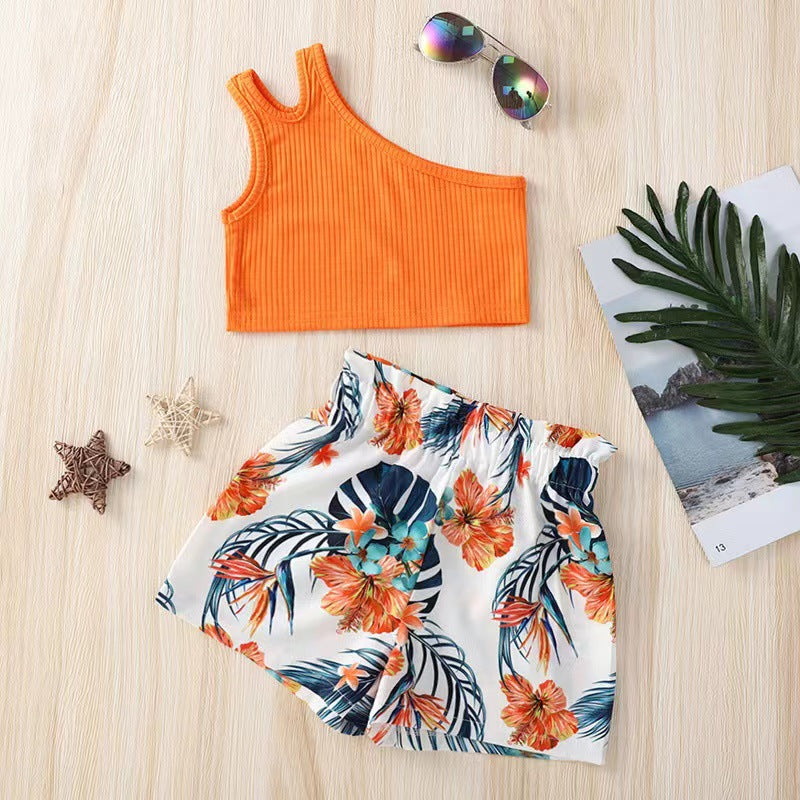 Girls' summer outfit: sleeveless camisole top + floral print shorts set - european & american style