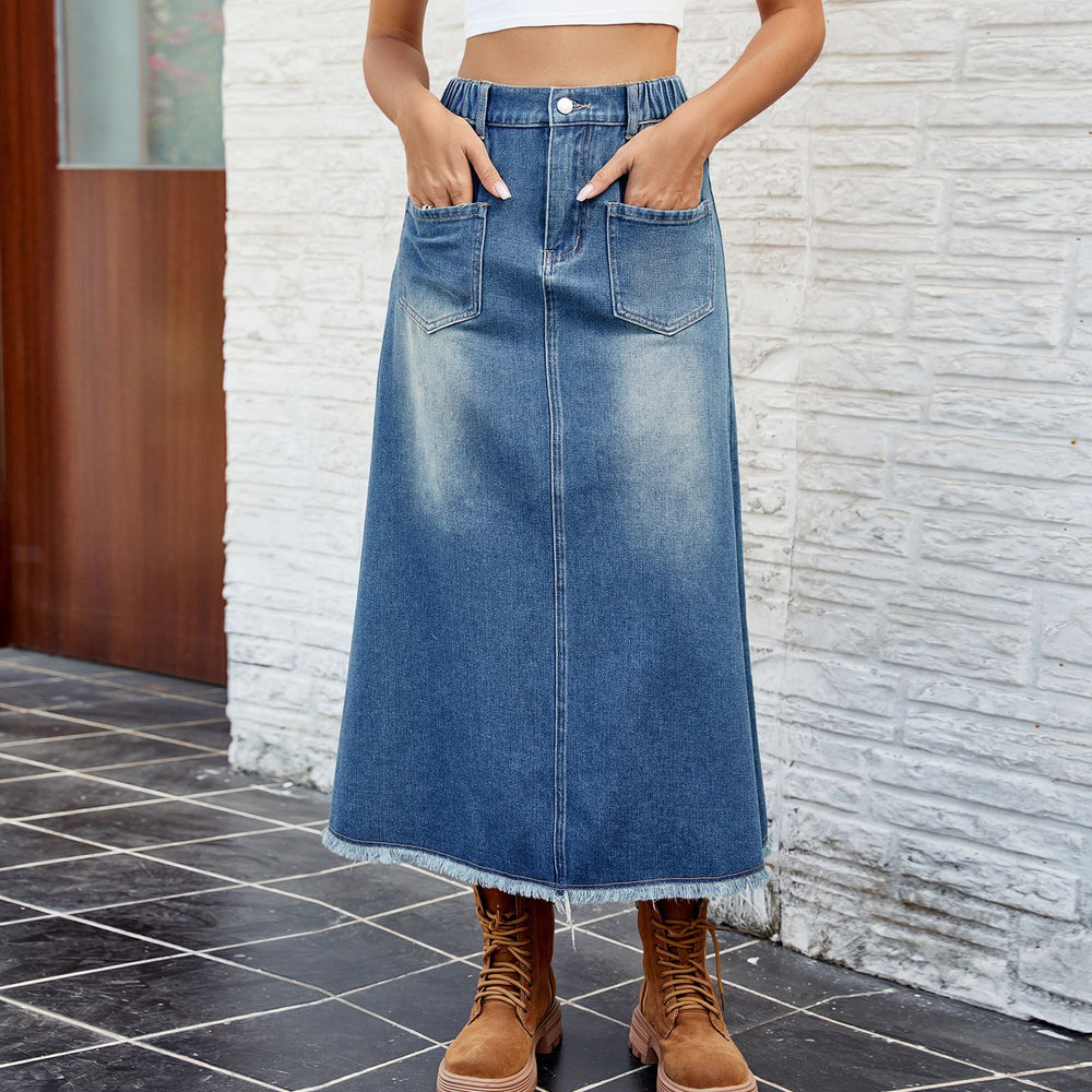 European and american cross-border foreign trade women's spring and summer new  independent station washed raw edge denim skirt mid-length skirt