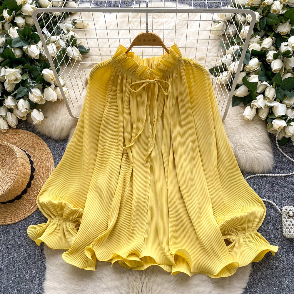 Gentle wind elegant bell sleeve pleated shirt for women autumfrenchlooseslimming lookcasualrufflestops