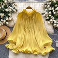 Gentle wind elegant bell sleeve pleated shirt for women autumfrenchlooseslimming lookcasualrufflestops