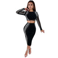 C7100 cross-border e-commerce   fashion women's sexy rhinestone long sleeve skirt two-piece set