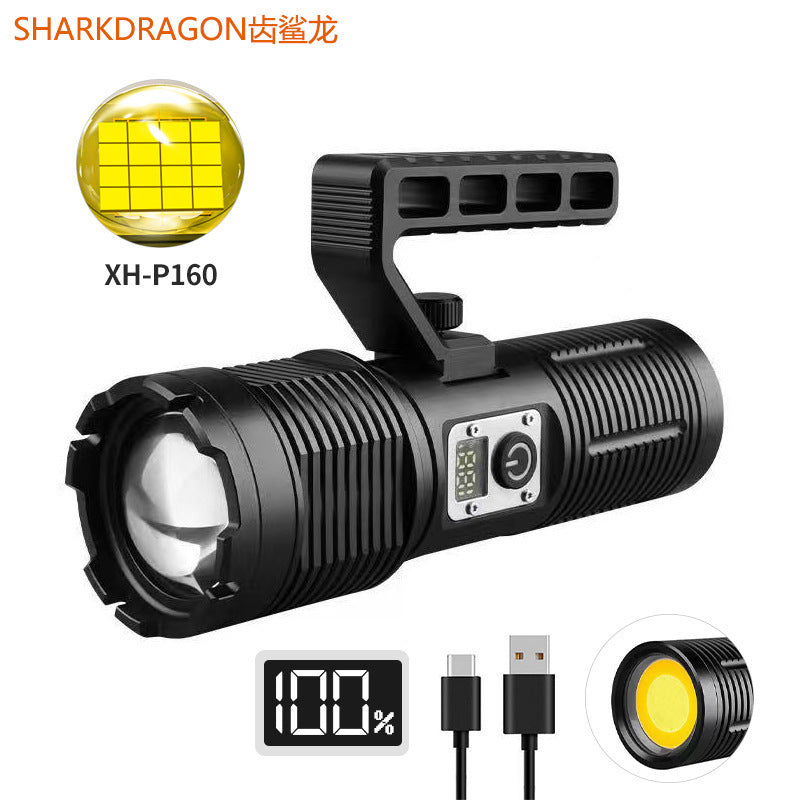 Cross-border XHP160 + COB strong light flashlight Type-C charging intelligent electric display high-power portable searchlight
