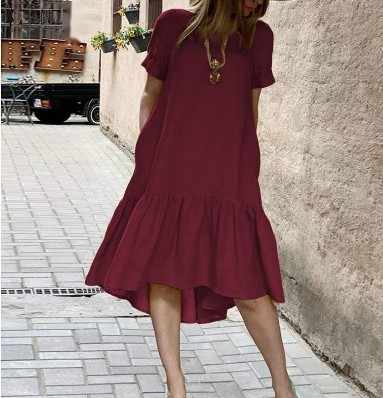 cross-border solid color crew neck short sleeve cotton pullover ruffle hem midi dress for women