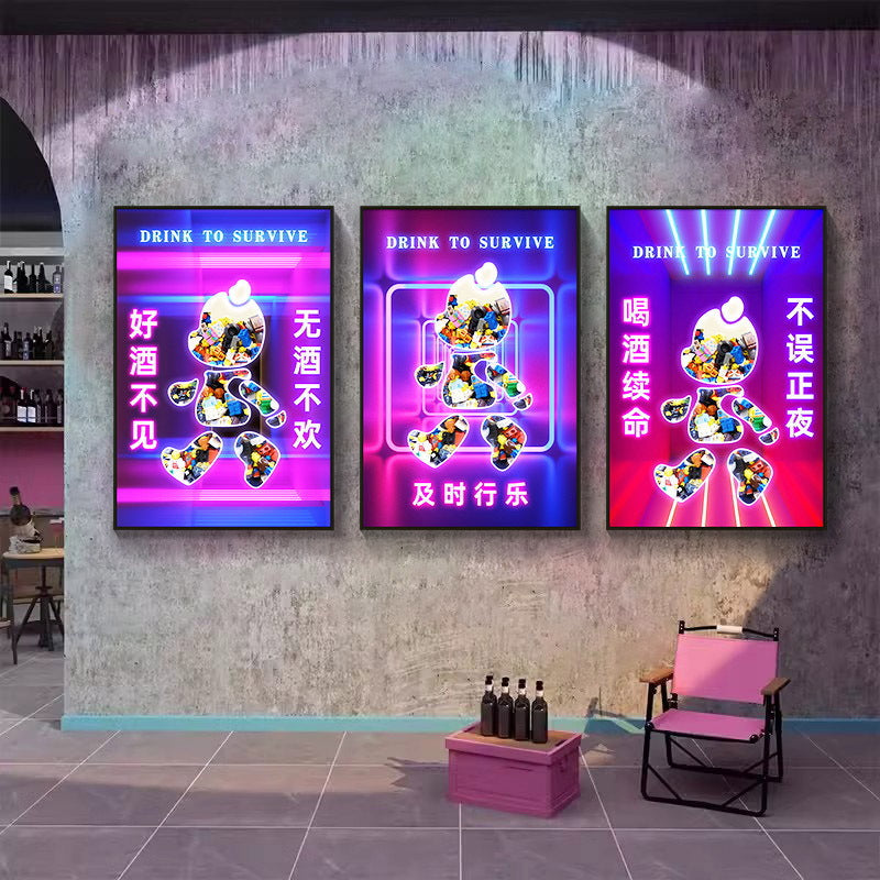 Trend luminous violence bear decorative painting hairdresser bar KTV creative led ambient light building block bear kaws hanging painting