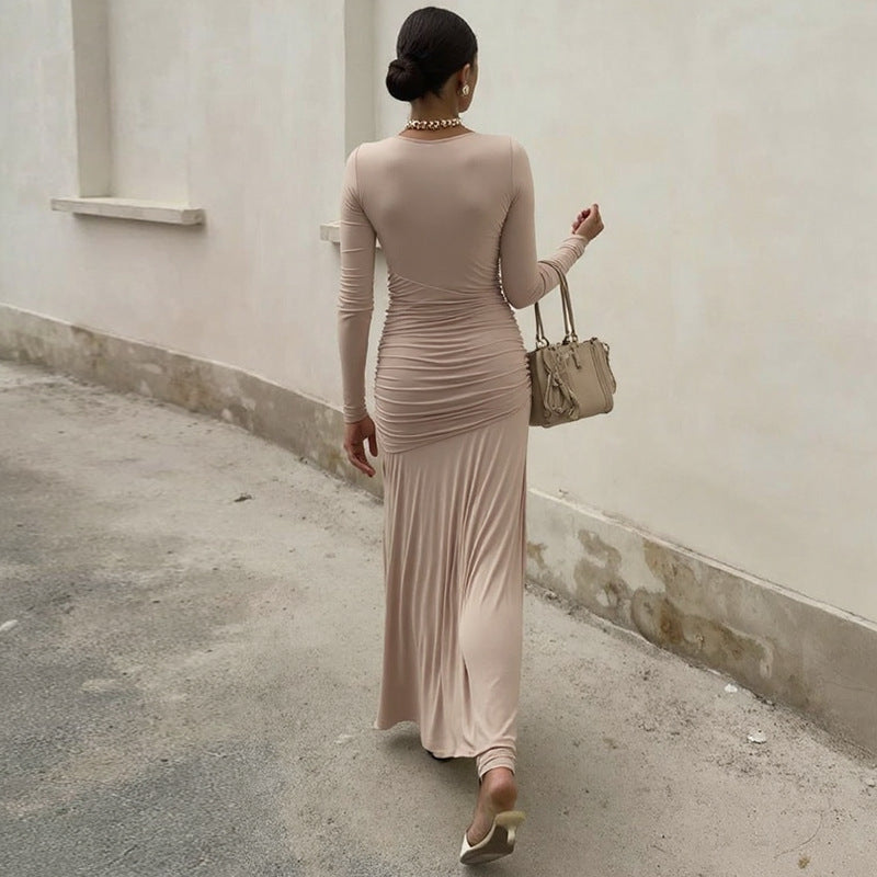 Women's fashion french style slim-fit shirred asymmetrical long sleeve dress - autumn  new arrivals for export