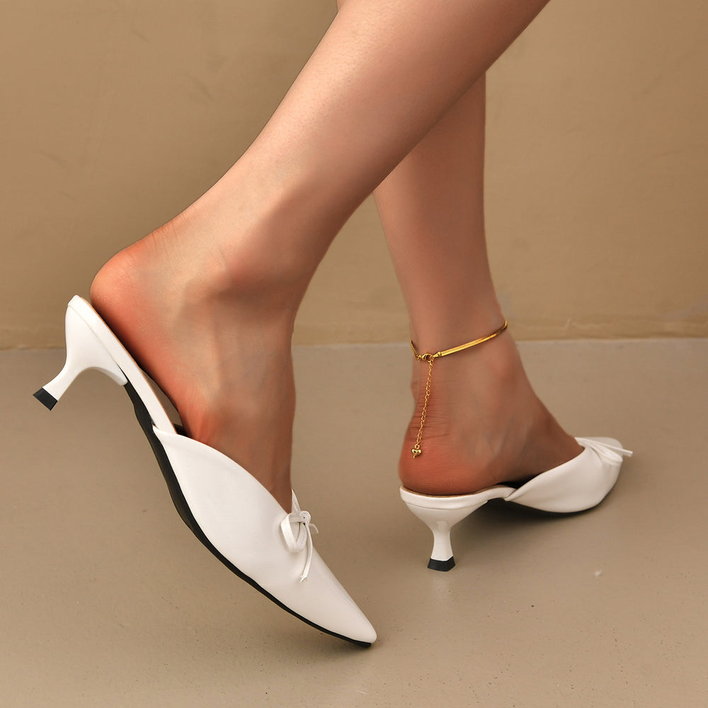 Amazon 2025 new bow-tie stiletto heel slippers - plus size, wine red, outdoor wear, retro pointed-toe mules