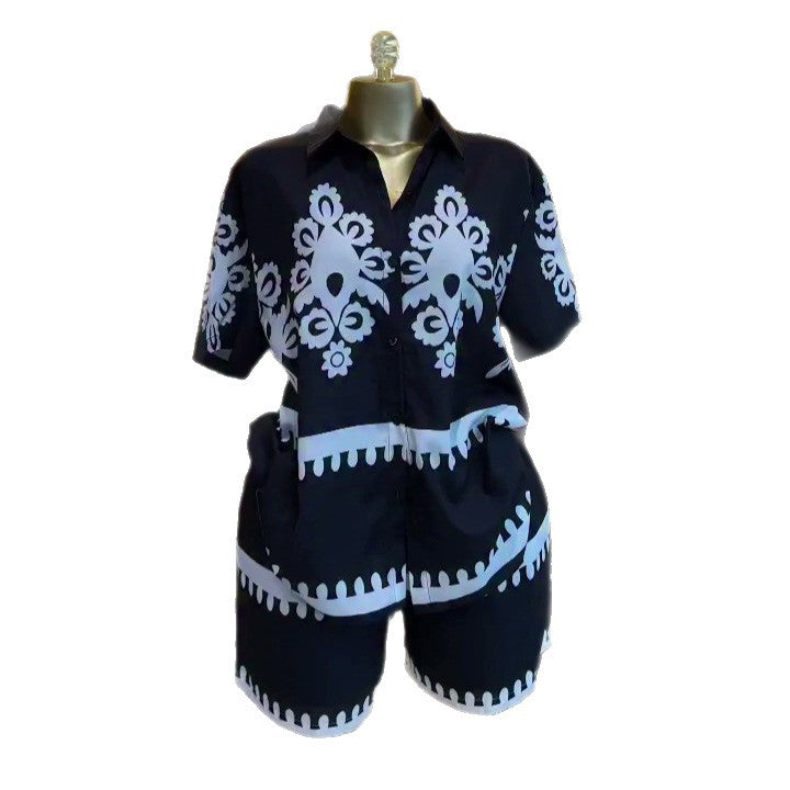 European and american cross-border women's fashion:  summer new collection - stylish turn-down collar printed loose-fit short-sleeve shirt and high-waisted shorts set