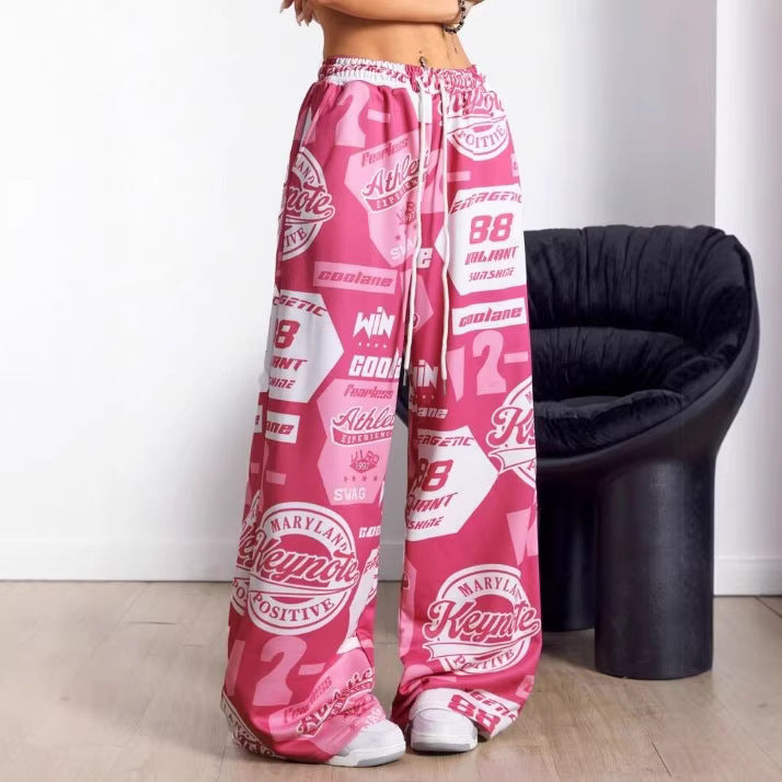 Ready-to-ship  spring/summer european and american women's fashion: new hot girl style pocket streetwear printed loose fit casual pants