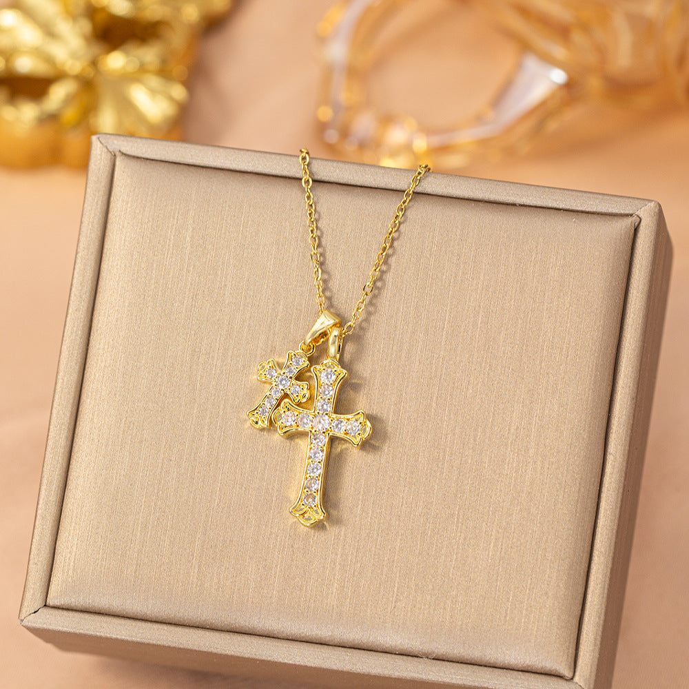 [titanium steel] cross-border popular diamond double cross necklace, high-end elegant fashion stylish clavicle chain jewelry