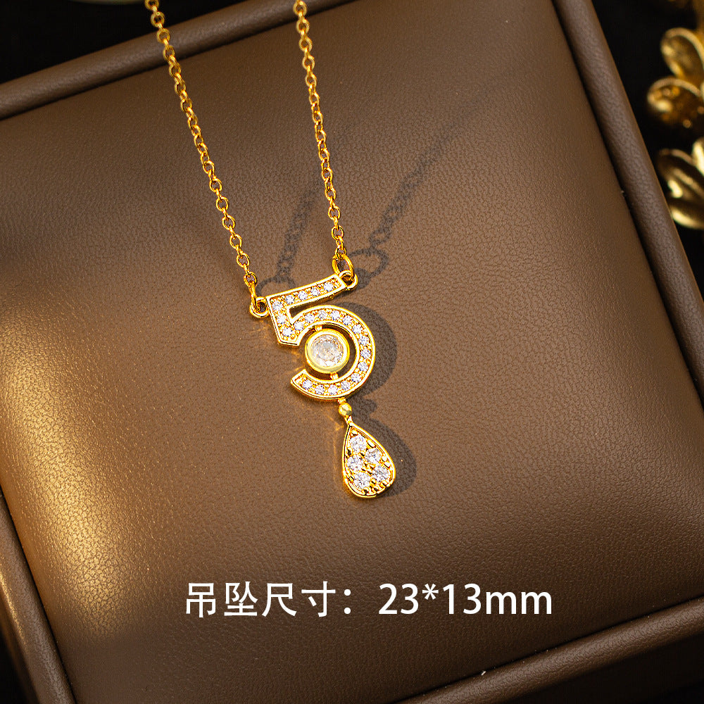 [titanium steel] cross-border popular diamond-encrusted digital necklace, high-end full-diamond light luxury pendant, copper-inlaid zircon clavicle chain jewelry