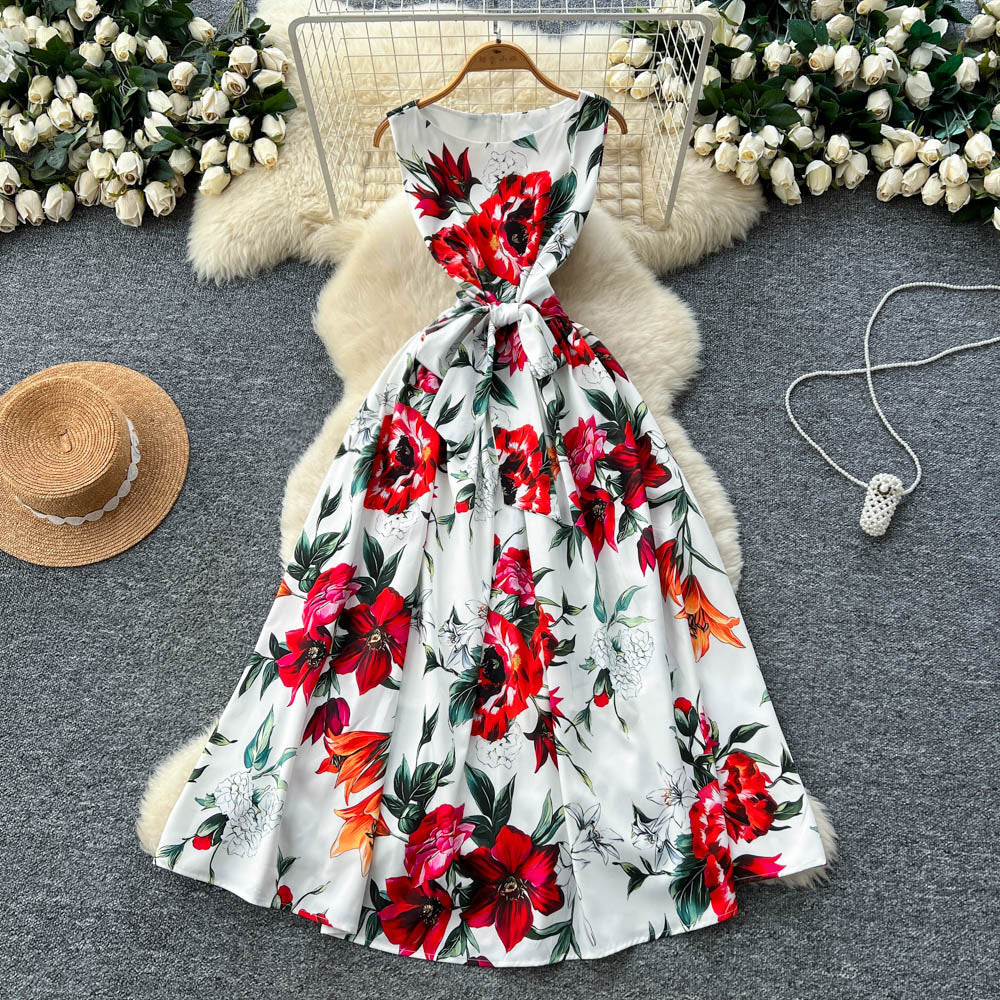 European and american style niche fashion printed dress - women's high-end tie-waist slimming sleeveless vest maxi dress