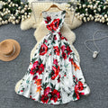 European and american style niche fashion printed dress - women's high-end tie-waist slimming sleeveless vest maxi dress