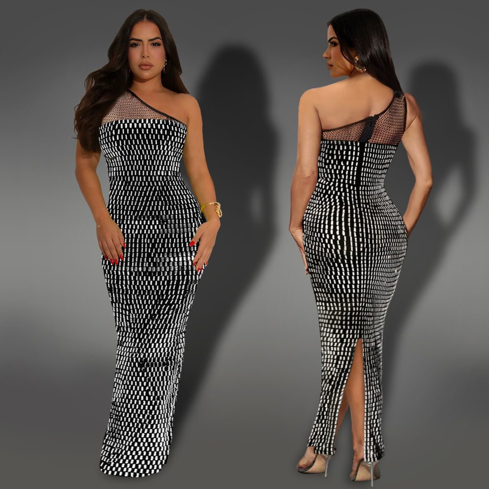 C7422 cross-border   fashion women's sexy mesh rhinestone one-shoulder sleeveless dress
