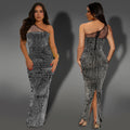 C7422 cross-border   fashion women's sexy mesh rhinestone one-shoulder sleeveless dress
