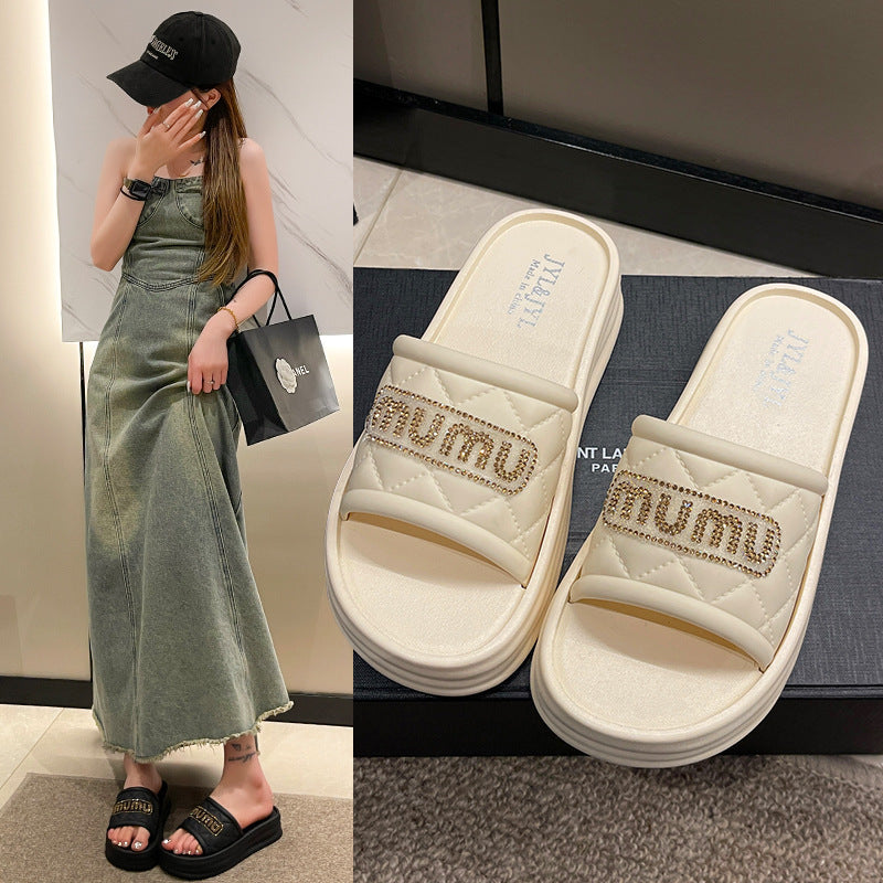 Thick soleplatform shoes rhinestone slippers women's summer easiest for match heightening fashion going out style beach soft bottomnon-slipoutwear one word